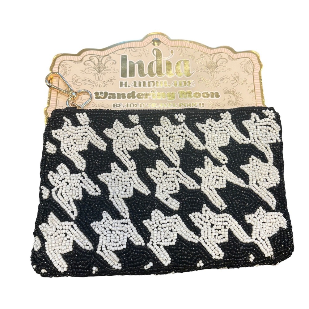 Wandering‎ Moon Beaded Coin Pouch Black White Houndstooth Handmade India NWT